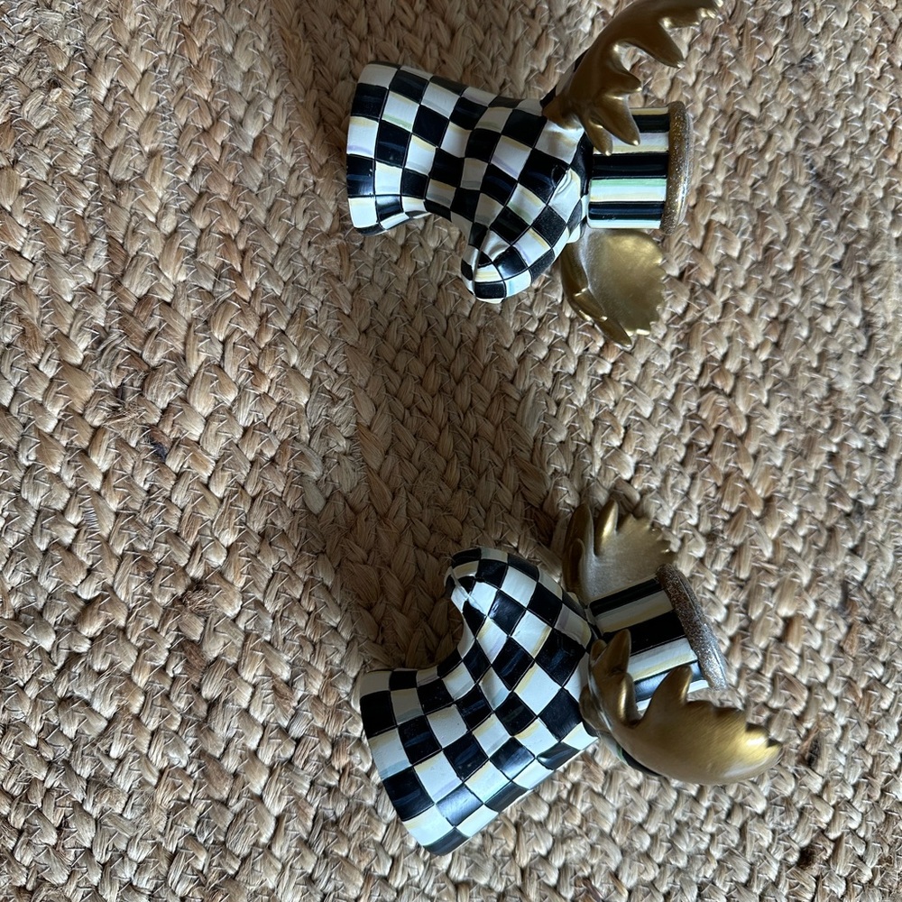 MacKenzie-Childs Black and White Checkered Candle Holders with Gold Wings - Picture 2 of 11